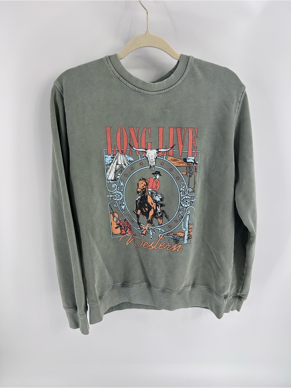 Zutter Long Live Western Graphic Crewneck Sweater - Olive Green - Large